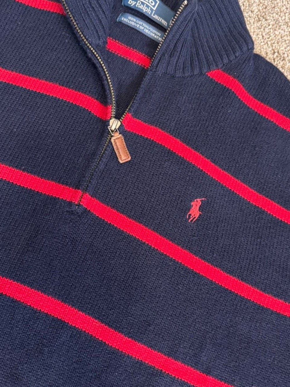 Polo Ralph Lauren vintage navy and red striped quarter zip jumper - Picture 2 of 6